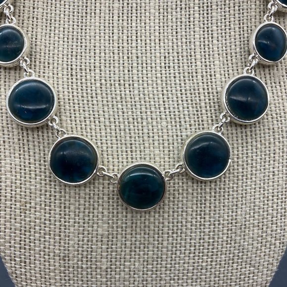 Teal Silver Bezeled Necklace As Is Dark Blue Round Chain Graduated Retro BoHo - Picture 3 of 8